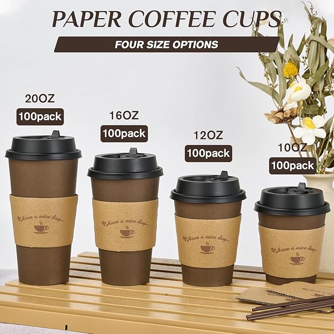 LITOPAK 100 Pack 10 oz Paper Coffee Cups with Lids, Sleeves, and Stirring Sticks for Coffee, Water