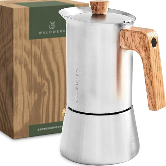 WALDWERK Stainless Steel Moka Pot (10oz) - Toxic Free Moka Pot with Oak Wood Handle - Stovetop