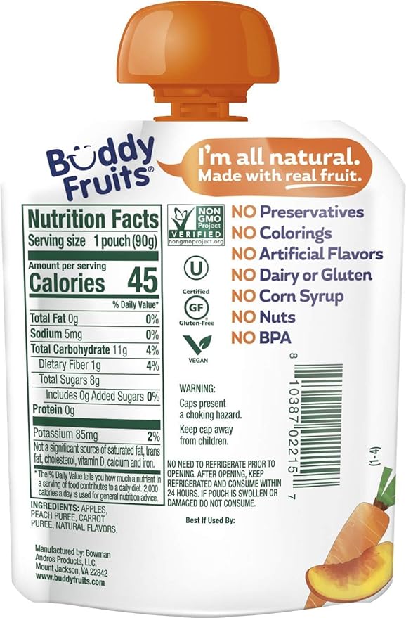 Buddy Fruits & Veggies Snacks To Go Peach Carrot Unsweetened Applesauce 3.2oz Pouch (18pk)