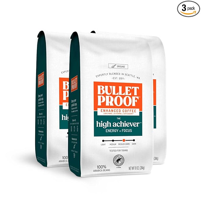 Bulletproof The High Achiever Ground Mushroom Coffee, 10oz (Pack of 3), High Caffeine with Lion's
