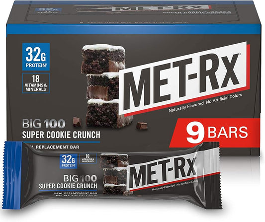 MET-Rx Big 100 Protein Bar, Meal Replacement Bar, 32G Protein, Super Cookie Crunch, 9 Bars (Pack of