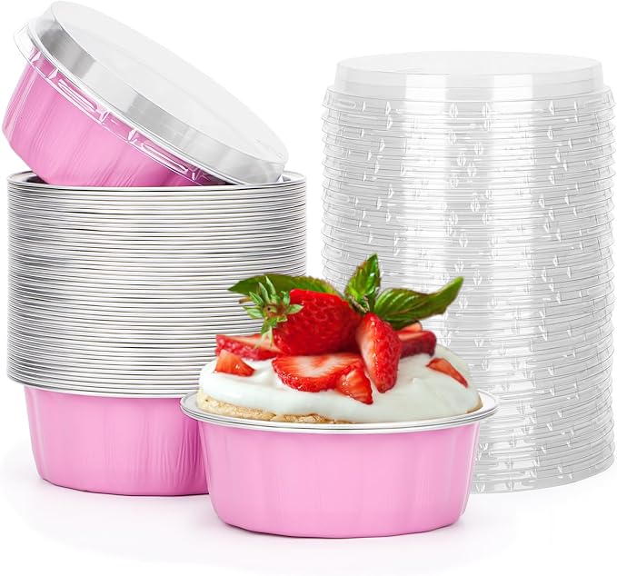 Beasea 8 oz 50 Pack Disposable Ramekins with Lids - Pink Aluminum Foil Cups for Creme Brulee