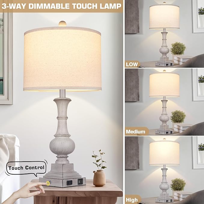 26" Farmhouse Lamp with 2 USB Ports & AC Outlet, Vintage Rustic Touch Control Bedside Lamp, Resin