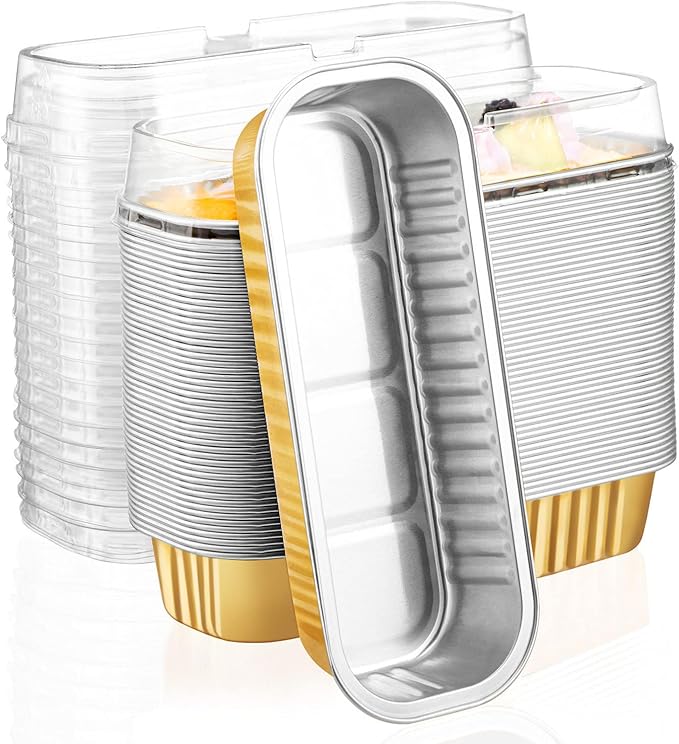 EUSOAR Gold Cupcake liners with Lids, 50pcs 6.8oz 6.5"x2.5"x1.2" Aluminum Disposable Ramekins Pan