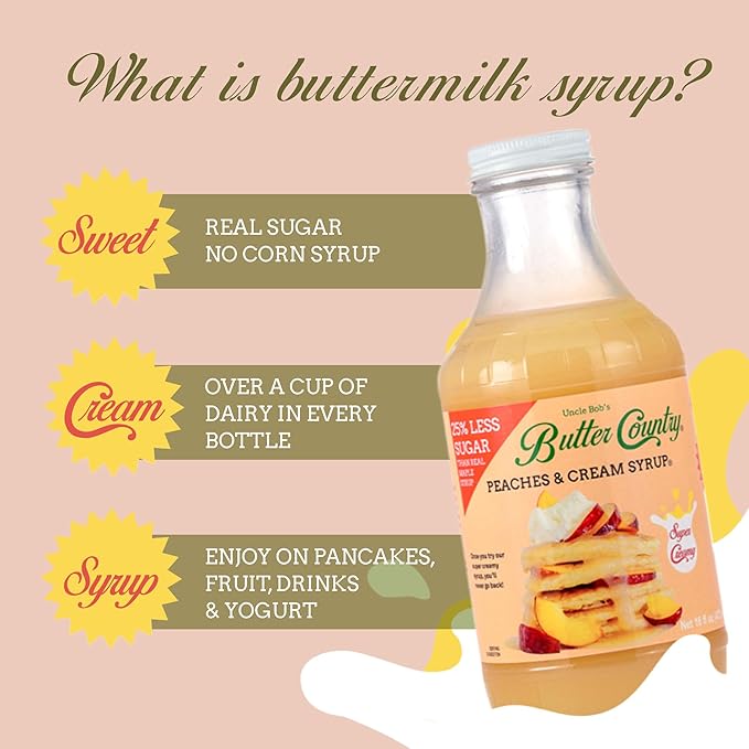 Butter Country Rich & Creamy Peach Syrup for Pancakes and Waffles, All Natural Fruity Topping Use