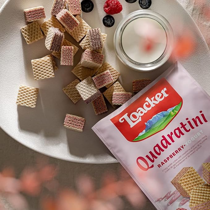Loacker Quadratini Raspberry Yogurt Wafer Cookies LARGE - 30% Less Sugar - Premium Crispy Bite Size