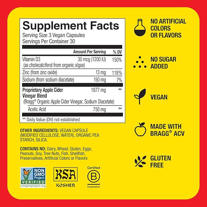 Bragg Apple Cider Vinegar Capsules with Vitamin D and Zinc - (3 Pack) 90 Capsules - Supports The