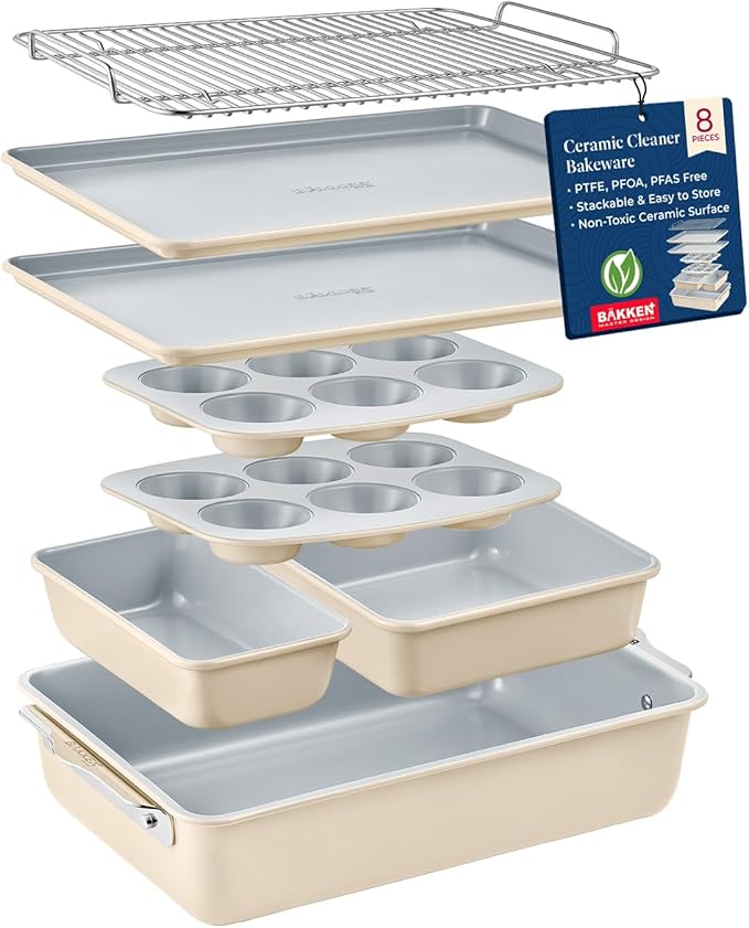 Bakken 8-Piece Stackable Bakeware Set - Ceramic Non-Stick Coating, Baking Sheets, Assorted Baking