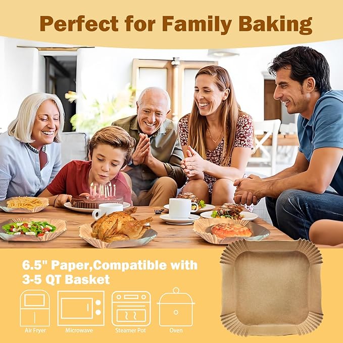 200 Pcs 6.5" Air Fryer Liner,Square Baking Parchment Airfryer Paper Unbleached Disposable Non-stick