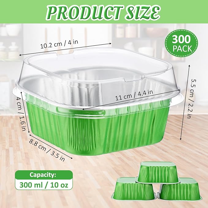 Aoriher 300 Pieces 10 oz Mini Cake Pans with Lids, Aluminum Foil Baking Cups, Square Disposable