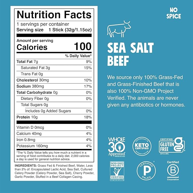 Chomps Grass-Fed and Finished Sea Salt Beef Jerky Snack Sticks 10-Pack - Keto, Paleo, Whole30, 10g