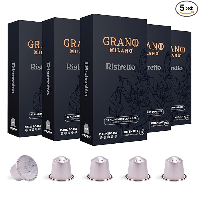 Grano Milano Ristretto Coffee Capsules - 50 Aluminum Coffee Pods Compatible with Nespresso Original