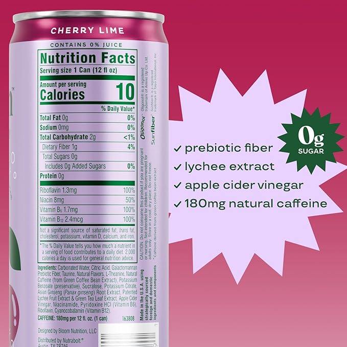Bloom Nutrition Sparkling Energy Drink - Natural Caffeine, Zero Sugar, 180mg Caffeine