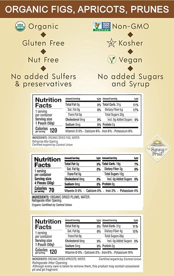 Sunny Fruit Organic Dried Fruit Assortment - Prunes, Figs & Apricots Variety, 3 Bags (15 Individual