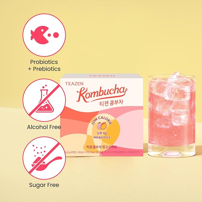 TEAZEN Mango Guava Kombucha Tea, Hydration Drink Mix, Sugar Free, Live Probiotics & Prebiotics, 30