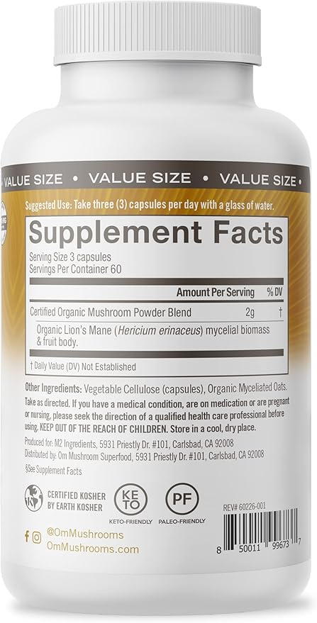 OM MUSHROOM SUPERFOOD Lion's Mane Mushroom Capsules Superfood Supplement, 180 Count, 60 Days, Fruit