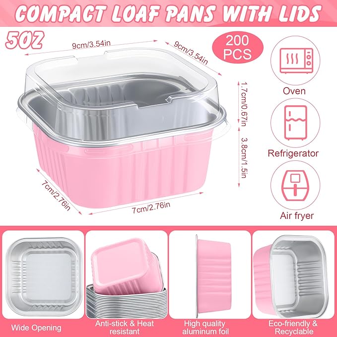 200 Pack 5 oz Square Baking Cups with Lids Aluminum Foil Mini Cake Pans with Lids Disposable