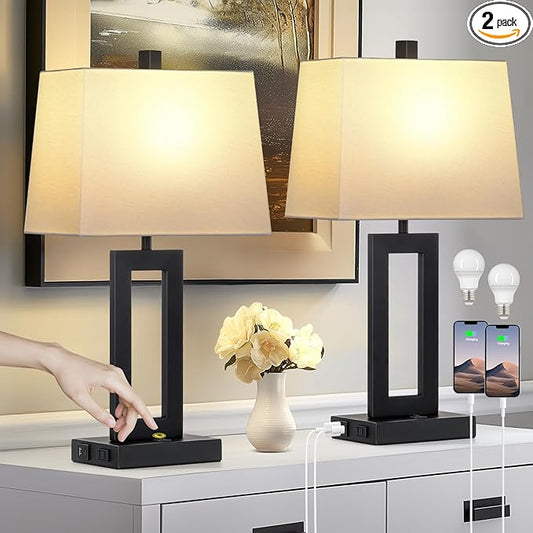 Table Lamp Set of 2 with USB C+A Ports & AC Outlet, Bedside Lamps, Modern Bedroom Lamps, Black