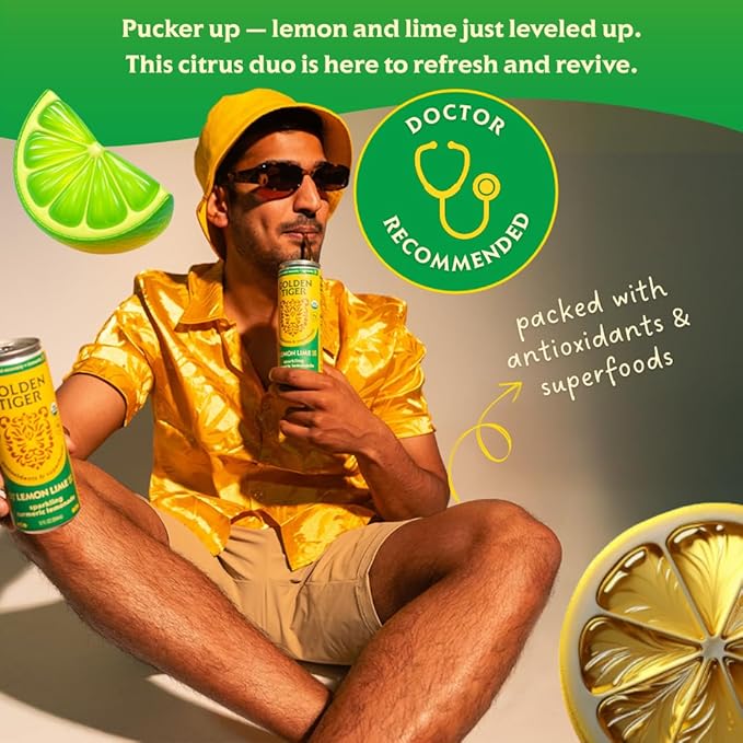 Golden Tiger Turmeric Sparkling Lemonade, Lemon Lime 12-Pack ??Curcumin & Ginger for Inflammation