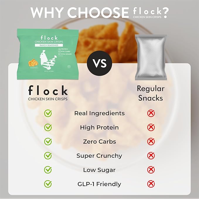 Flock Keto Chicken Skin Chips | Ranch Flavor | Low Carb, High Protein, Sugar Free, Gluten Free