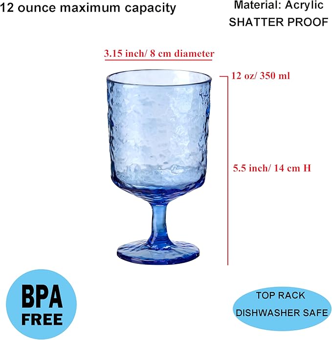 KX-WARE Iceberg Acrylic All-Purpose Wine Glasses, 12-ounce Plastic Stem Wine Glasses, set of 8