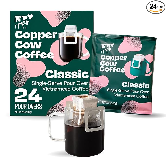 Copper Cow Premium Pour Over Single-Serve Vietnamese Coffee | Classic Black | Dark Roast | Includes
