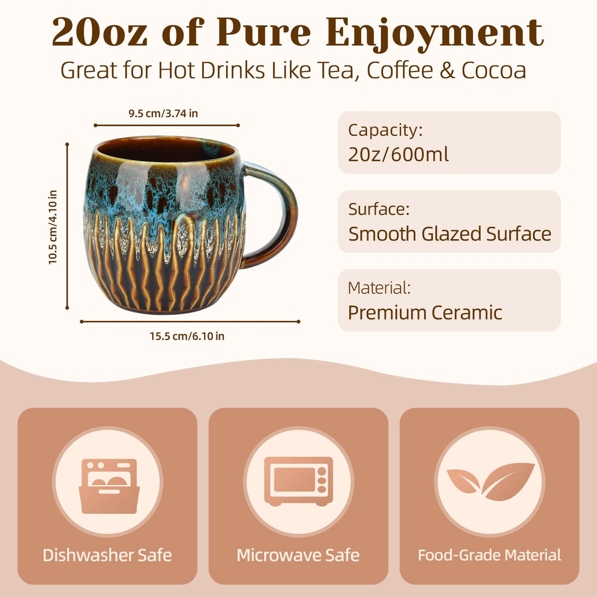 20oz Large Ceramic Coffee Mugs Unique Big Pottery Coffee Mug Microwave Safe Cool Stoneware Cups for
