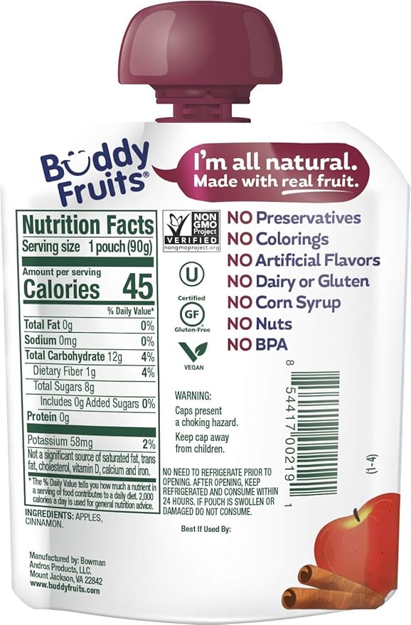 Buddy Fruits Snacks To Go Cinnamon Unsweetened Applesauce 3.2oz Pouch (18pk)