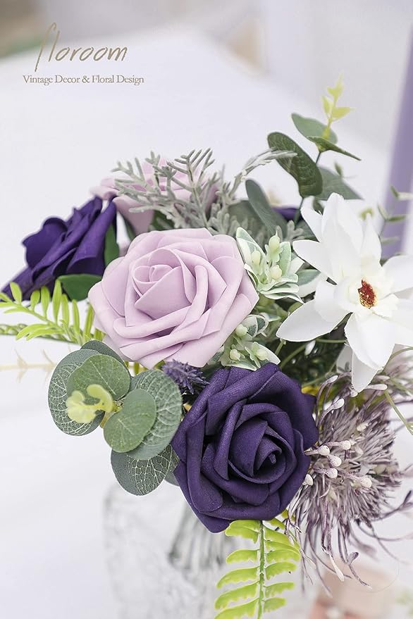 Floroom Artificial Flowers 25pcs Real Looking Lilac & Purple Foam Fake Roses with Stems for DIY