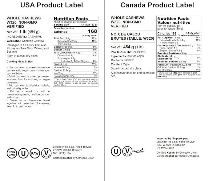 Food to Live Raw Cashews, 1 Pound ??Non-GMO Verified, Deluxe Whole Nuts, Unsalted, Unroasted, Size