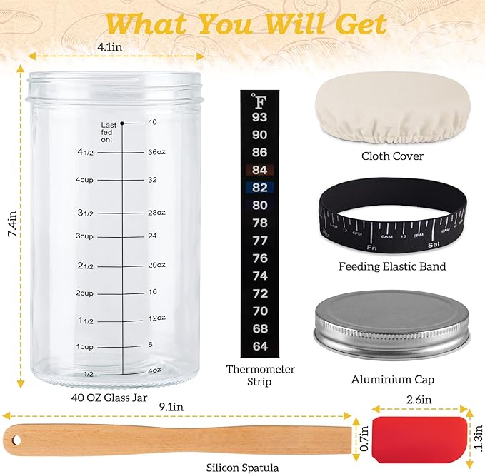40oz/1200ml Sourdough Starter Kit ??Extra Thermometer Strips and Breathable Covers Included in
