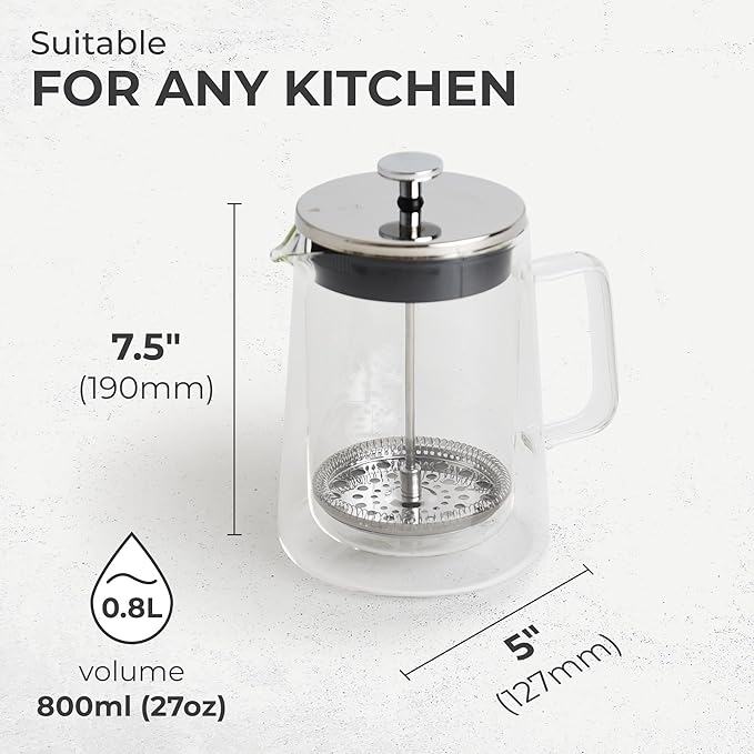 Kaffe Glass French Press Coffee Maker (27oz / 0.8L) - Double-Wall Insulated Borosilicate Glass