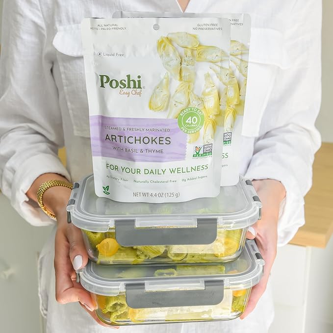 POSHI Marinated Artichoke Hearts with Basil + Thyme Natural, Keto, Vegan, Non GMO, Low Carb +