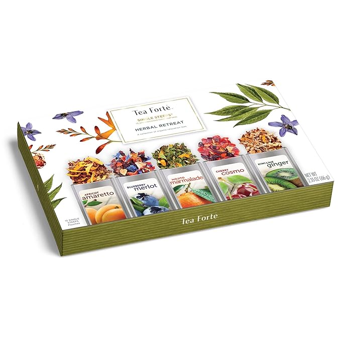 Tea Forte Single Steeps Loose Leaf Herbal Retreat Premium Tea Sampler 15 Count 3 of Each Assorted