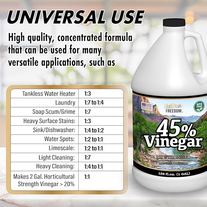 Nature's Freedom 45% Concentrated Vinegar, 1 Gallon with “How to Use Vinegar” Cleaning Book