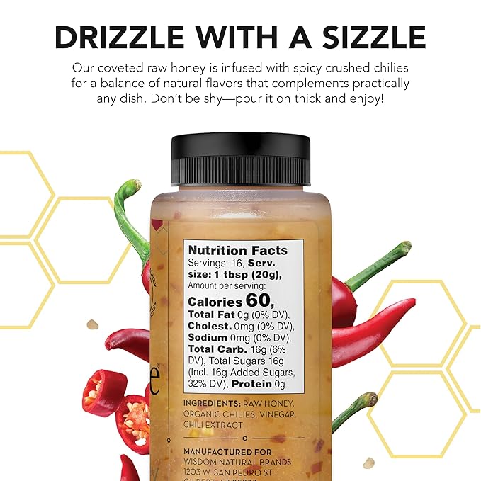 Drizzle Hot Honey - All Natural Raw Spicy Honey Sauce, Infused with Organic Chilies, Unfiltered &
