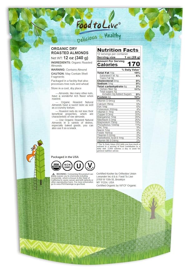 Food to Live Organic Dry Roasted Almonds, 12 Ounces – Non-GMO, Unsalted, Vegan, Keto, Paleo