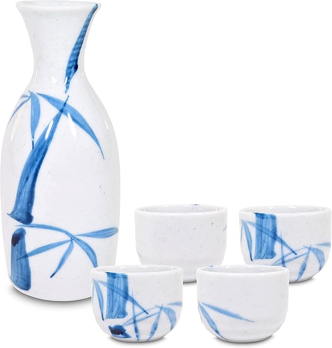 Product of Gifu Japan Japanese Sake Set, 1 Tokkuri Bottle Carafe and 4 Ochoko Cups Ceramic Sake