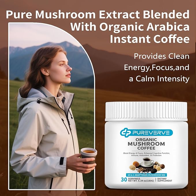 Mushroom Coffee, Organic10 Mushroom Extract Powder Blend Lion's Mane, Reishi, Chaga, Cordyceps
