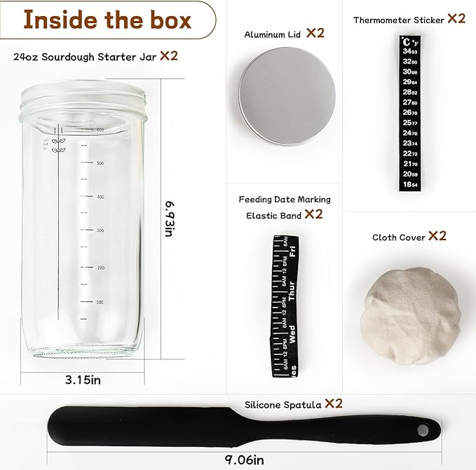 DWTS DANWEITESI Sourdough Starter Jar with Date Marked Feeding Band, Thermometer, Sourdough