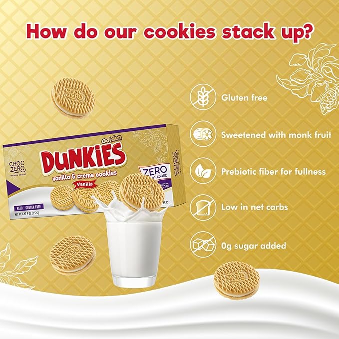 ChocZero Gluten-Free Vanilla Sandwich Cookies with Creme - Low Sugar, Keto Friendly Dunkies (1 Box