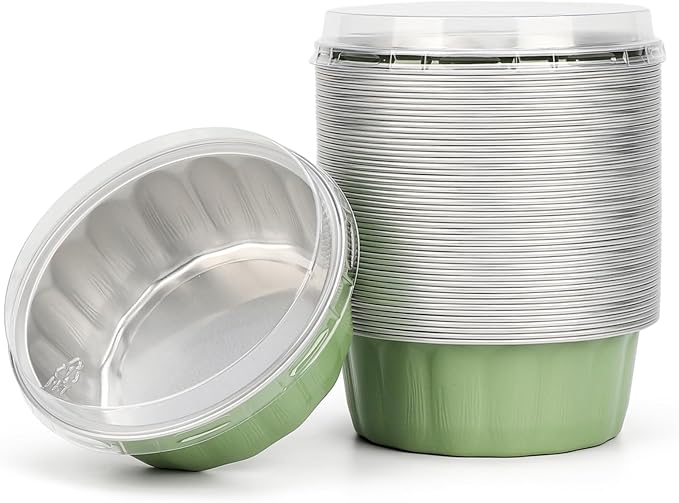 Beasea Disposable Ramekins 8oz, 50 Pack Pea Green Aluminum Foil Cups with Lids, Disposable Creme