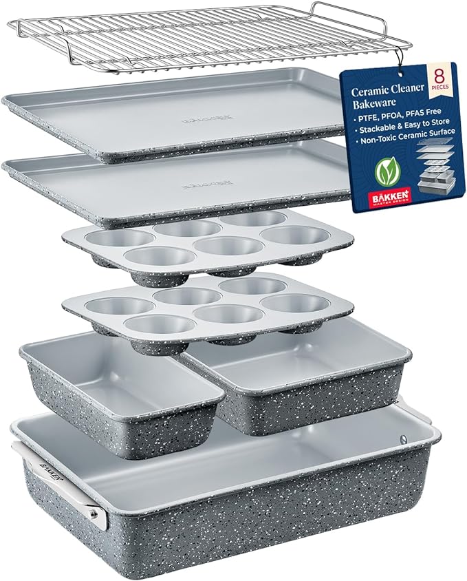 Bakken 8-Piece Stackable Bakeware Set - Ceramic Non-Stick Coating, Baking Sheets, Assorted Baking