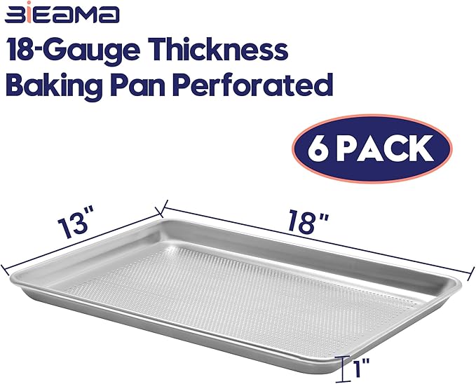 6 Pack Half Size 18" x 13" Aluminum Baking Sheet Pan Perforated, Commercial Bakery Equipment Cookie