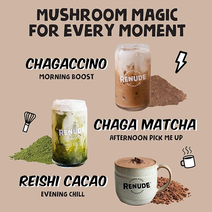 Renude Variety Pack - Mushroom Matcha, Coffee & Hot Chocolate, Cacao Powder, Natural Vegan