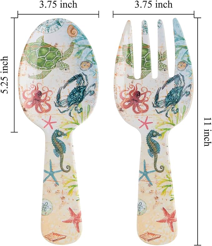 UPware Sea Life Melamine Salad Servers, Serving Utensil Set, Includes Serving Fork and Spoon for