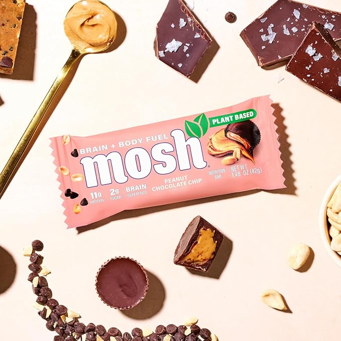 MOSH Peanut Chocolate Chip Vegan Protein Bars, Plant Based, Keto, Gluten Free, Brain Healthy Snack