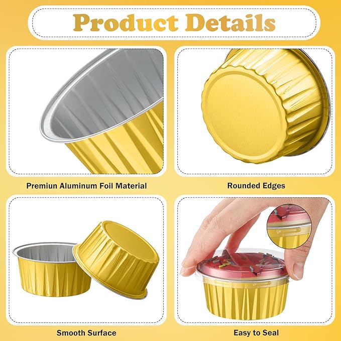 Gejoy 400 Pcs Aluminum Foil Baking Cups with Lids 5 oz Disposable Ramekins Mini Cake Pans Creme