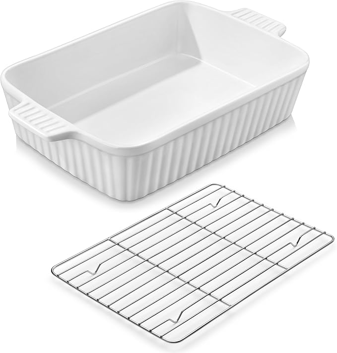 MALACASA 4.4 QT Baking Dish with Rack, 9x13 Large Casserole Dish for Oven, Ceramic Baking Pan with