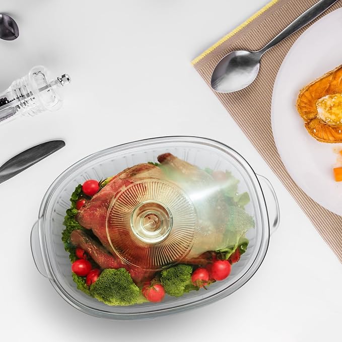 Luvan 2.8L/3Qt Glass Casserole Dish with Lid, Ribbed Oval Glass Baking Dish for Oven & Microwave